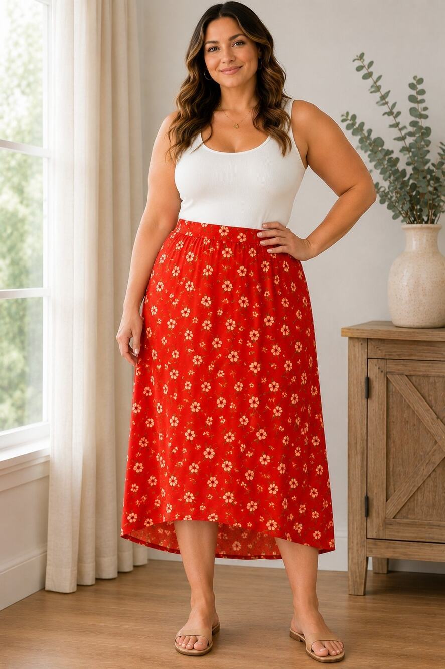 Old Navy Women’s 2X Red Floral Midi Skirt Elastic Waist Boho Rayon